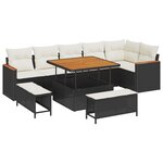 Ensemble de canapé de jardin 9 pièces avec coussins noir en poly rattan acacia