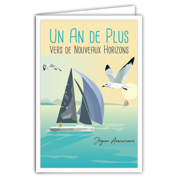 Carte Anniversaire - 1 An de Plus - Enveloppe - Mini Posters Format 17x11 5cm - Nouveaux Horizons Bateau Voilier Navigation Oiseaux Mouettes Mer Rétro Vintage - Fabriquée en France