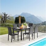 Ensemble repas de jardin - table en verre trempé et 6 chaises en résine tressée noir - Table 160x80x73 cm - Chaise : 44x54x88 cm - A