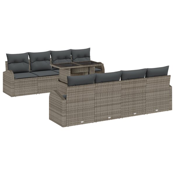 Ensemble de Canapé de Jardin 9 pièces avec Coussins Gris Rattan Poly