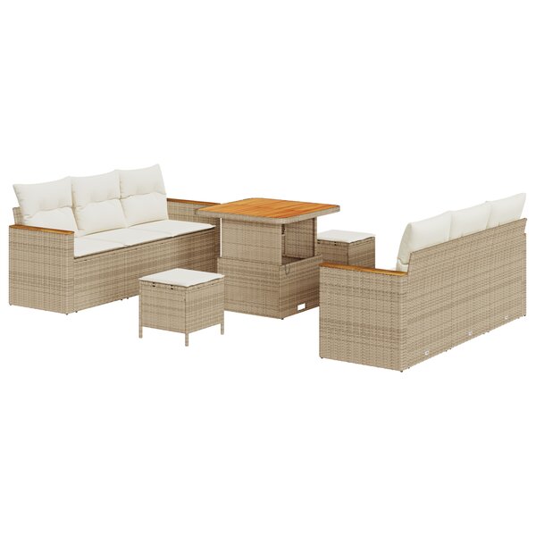 Ensemble de Canapés de Jardin 9 Pièces avec Coussins Beige Rattan Poly Acacia