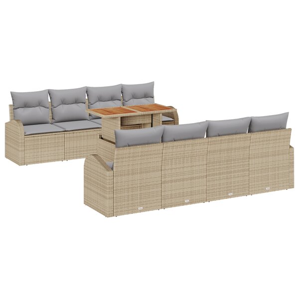 vidaXL Ensemble de salle à manger de jardin de 9 pièces avec coussins Beige Rattan poly Acacia