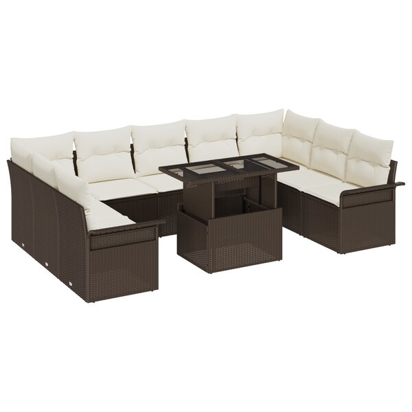 Ensemble de Canapés de Jardin de 10 Pièces avec Coussins Marron Poly Rattan