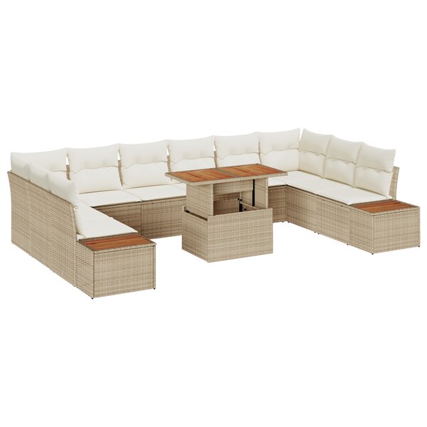 Ensemble de Canapé de Jardin 11 Pièces avec Coussins Beige Poly Rattan