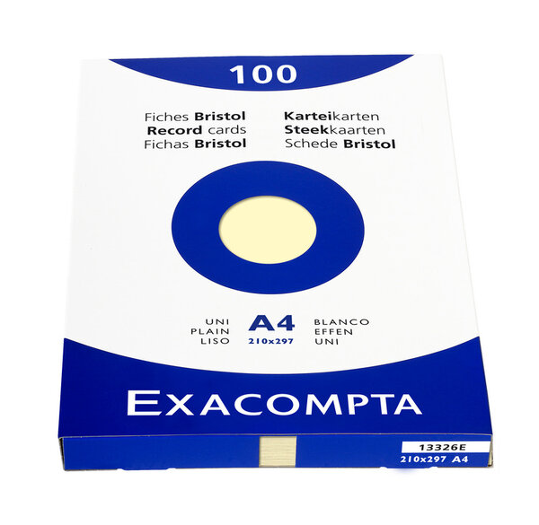 Étui de 100 fiches bristol uni non perforé 210x297mm Jaune EXACOMPTA