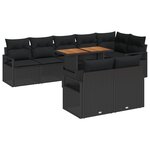 Ensemble de Canapé de Jardin 9 Pièces avec Coussins Noir en Poly Rattan et Acacia