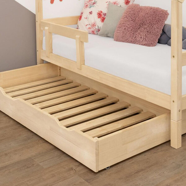 Tiroir à roulettes rangement ou lit - bois vernis pour lit 120 x 160 cm