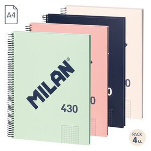 Série Milan 1918 Pack de 4 Cahiers à Spirale Format A4 Grille 5x5mm - 80 Feuilles de 95 gr/m2 - Micro-perforés  4 Trous - Couleurs Assorties