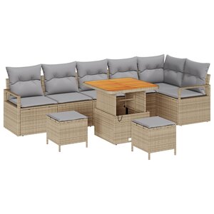 Ensemble de Canapé de Jardin 9 Pièces avec Coussins Beige Poly Rattan Acacia