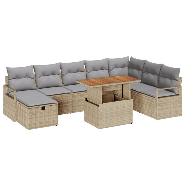 Ensemble de canapé de jardin 9 pièces avec coussins beige en poly rattan