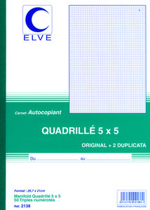 Manifold Autocopiant Quadrillé 5 x 5 297 x210 mm 50 Feuillets Tripli ELVE