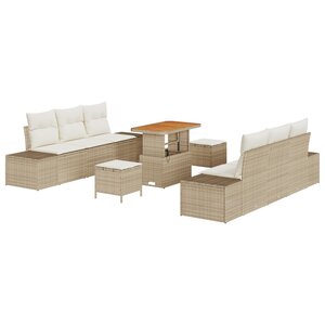 Ensemble de canapé de jardin 9 pièces avec coussins Beige Poly Rotin Acacia