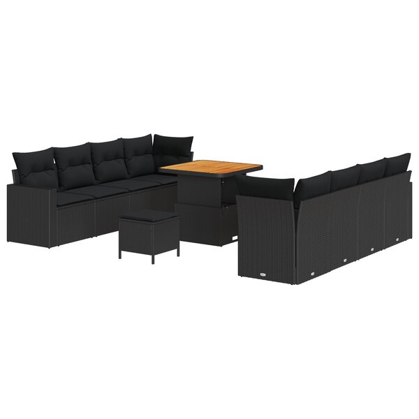 Ensemble de canapé de jardin de 11 pièces avec coussins en poly rotin noir et acacia