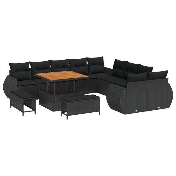 Ensemble de canapé de jardin vidaXL 13 pièces avec coussins Noir Rotin synthétique Acacia
