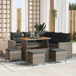 Ensemble de Canapé de Jardin 9 Pièces avec Coussins Gris Poly Rattan Acacia