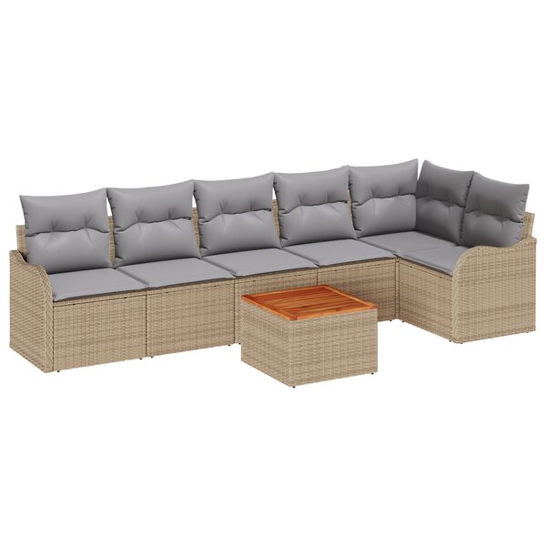 Ensemble de Sofa de Jardin vidaXL 7 Pièces avec Coussins Beige Poly Rattan Acacia