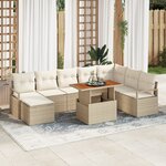 Ensemble de Canapés de Jardin de 9 Pièces avec Coussins Beige Poly Rattan Acacia