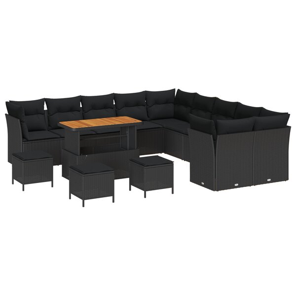 Ensemble de canapés de jardin 14 pièces avec coussins en poly rattan noir et acacia
