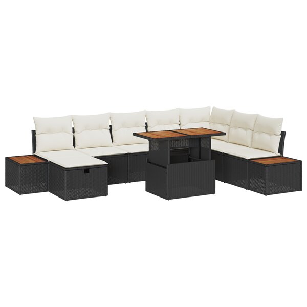 Set de Canapé de Jardin de 9 pièces vidaXL avec Coussins Noir Rattan Poly Acacia