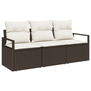 Ensemble de Canapé de Jardin 3 Pièces avec Coussins Marron Poly Rattan
