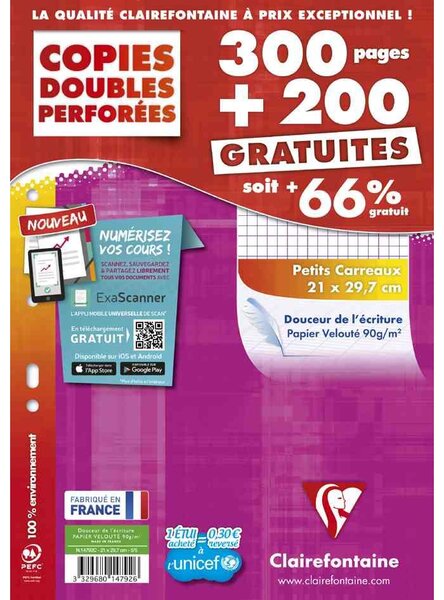 Pack 300 + 200 Copies doubles perforées A4 quadrillé 5x5, blanc CLAIREFONTAINE