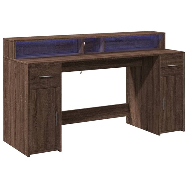 Bureau table poste de travail meuble d'ordinateur informatique étude et lumières LED chêne bois d'ingénierie brun 02_0023794