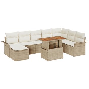 vidaXL Ensemble salle à manger jardin 9 pièces avec coussins Beige Polyrotin Acacia