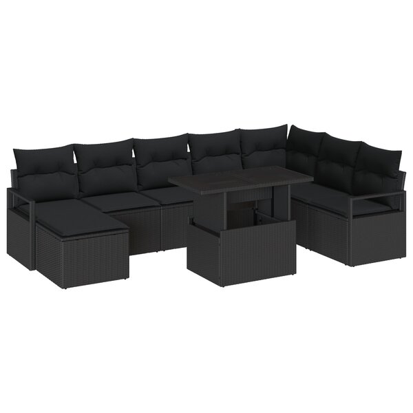 Ensemble de canapé de jardin de 9 pièces avec coussins noir en poly rotin