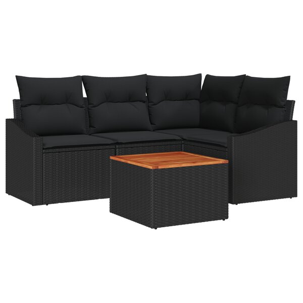 vidaXL Ensemble de 5 Canapés de Jardin avec Coussins Noir Poly Rattan Acacia