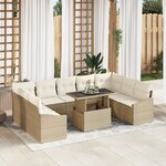 vidaXL Ensemble de Canapé de Jardin 10 Pièces avec Coussins Beige Poly Rattan