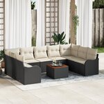 Ensemble de Canapé de Jardin 10 Pièces avec Coussins Noir Poly Rattan Acacia