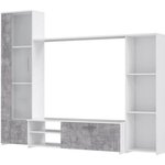 Meuble TV paroi murale - Blanc mat et béton clair - porte vitrée + 5 niches - 220 4 x 41 3 x 177 5 cm - PILVI