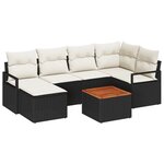 Ensemble de Canapé de Jardin 7 Pièces avec Coussins Noir Rattan Poly Acacia