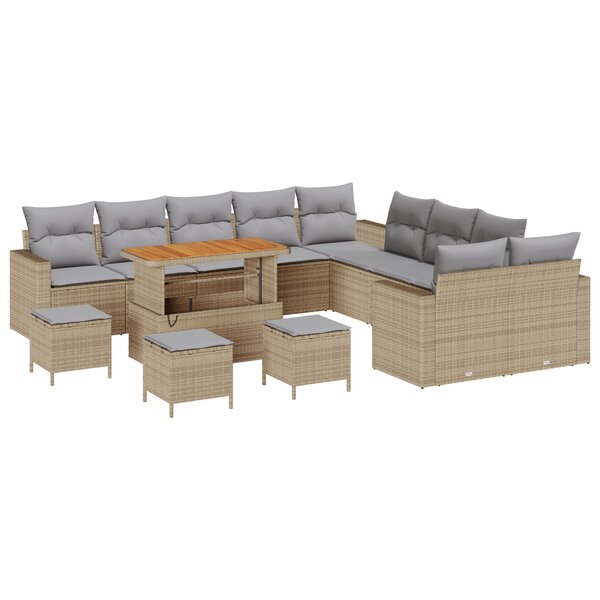 vidaXL Ensemble de canapé de jardin de 14 pièces avec coussins en rotin poly beige Acacia
