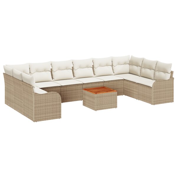 Ensemble de Canapé Jardin 10 Pièces avec Coussins Beige Rotin Poly Acacia