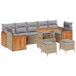 vidaXL Canapé de jardin 10 pièces avec coussins beige en poly rattan et acacia