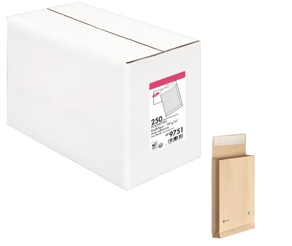Lot de 250 Pochettes kraft armée 280x380 avec Soufflets de 30 mm