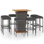 vidaXL Ensemble de bar de jardin 9 Pièces et coussins Résine tressée Gris