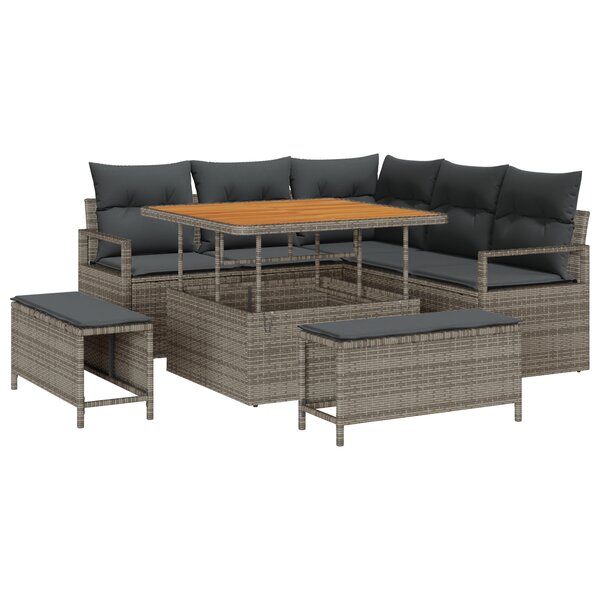 Ensemble de canapé de jardin de 8 pièces avec coussins en rotin poly gris acacia