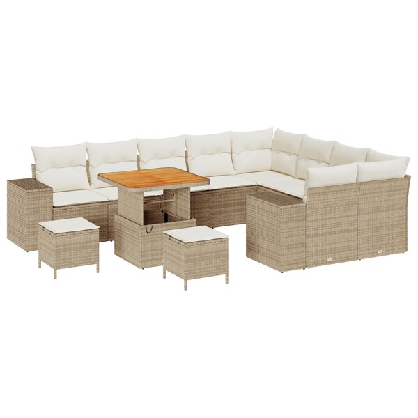 Ensemble de Canapé de Jardin 12 Pièces avec Coussins Beige Poly Rotin Acacia