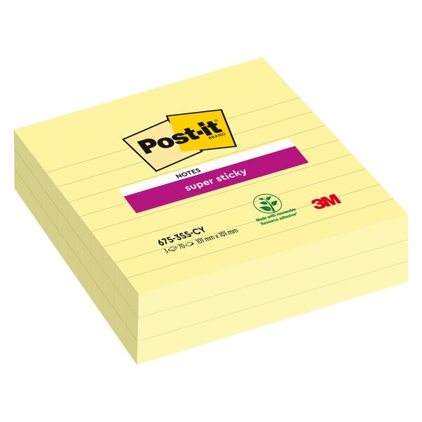 Notes lignées couleurs jaune super sticky post-it 101 x 101 mm - bloc de 70 feuilles - lot de 12