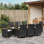 vidaXL Set de salle à manger de jardin 9 pièces avec coussins en rattan noir