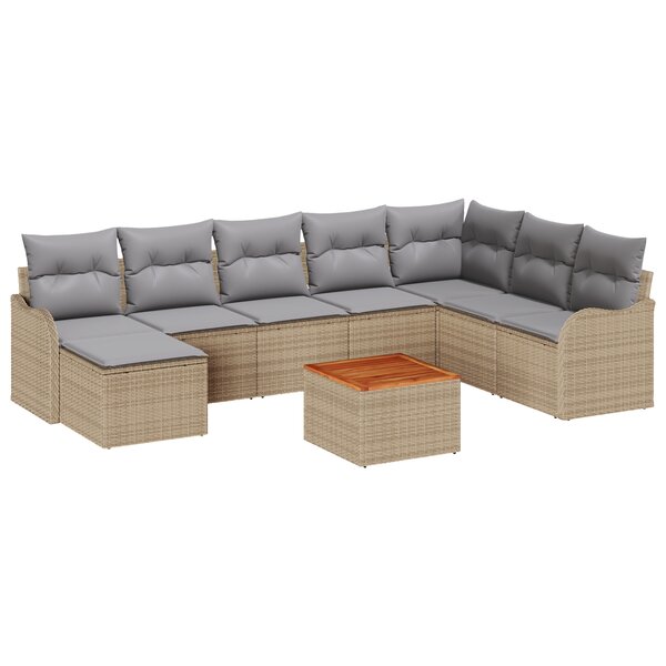 Ensemble de Canapés de Jardin 9 Pièces avec Coussins Beige Rattan Poly Acacia