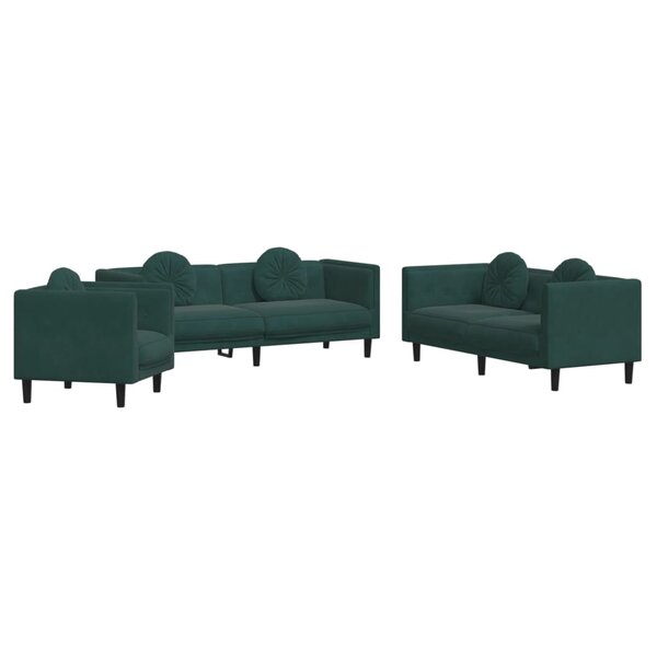 vidaXL Ensemble de canapés 3 Pièces avec coussins vert foncé velours