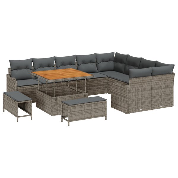 Ensemble de canapé de jardin 12 pièces avec coussins en rotin poly gris acacia