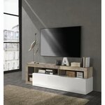Meuble TV 1 porte - Finition Blanc Laqué et Effet Bois Vintage - 184 x 42 x Hauteur 56 cm
