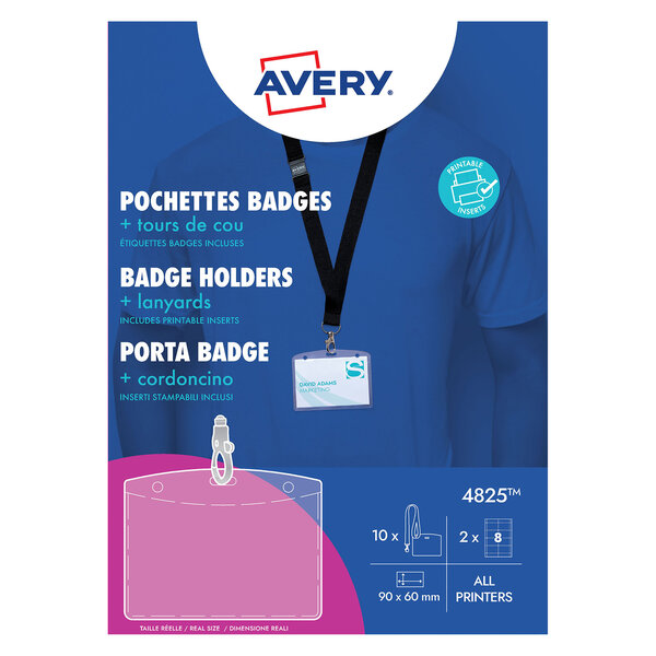 AVERY Boîte de 10 pochettes badges 60 x 90 mm avec inserts et lacets