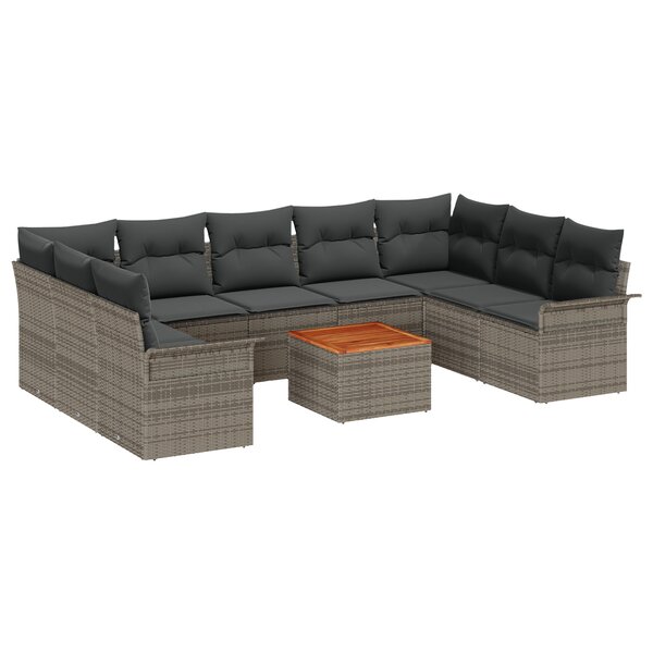 vidaXL Ensemble de Canapé de Jardin 10 Pièces avec Coussins Gris Poly Rattan Acacia