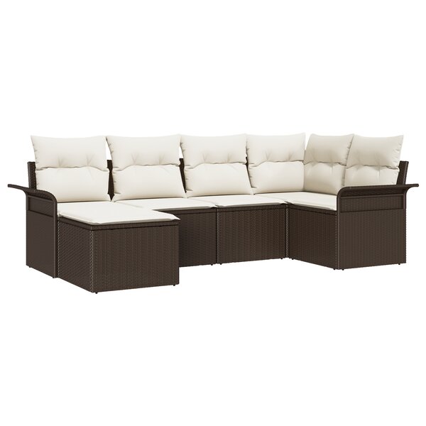 Ensemble de canapé de jardin 6 pièces avec coussins marron en poly rattan