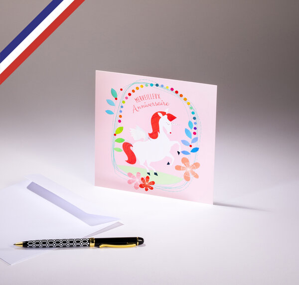 Carte simple le petit monde de kali créée et imprimée en france sur papier certifié pefc - merveilleux anniversaire - licorne